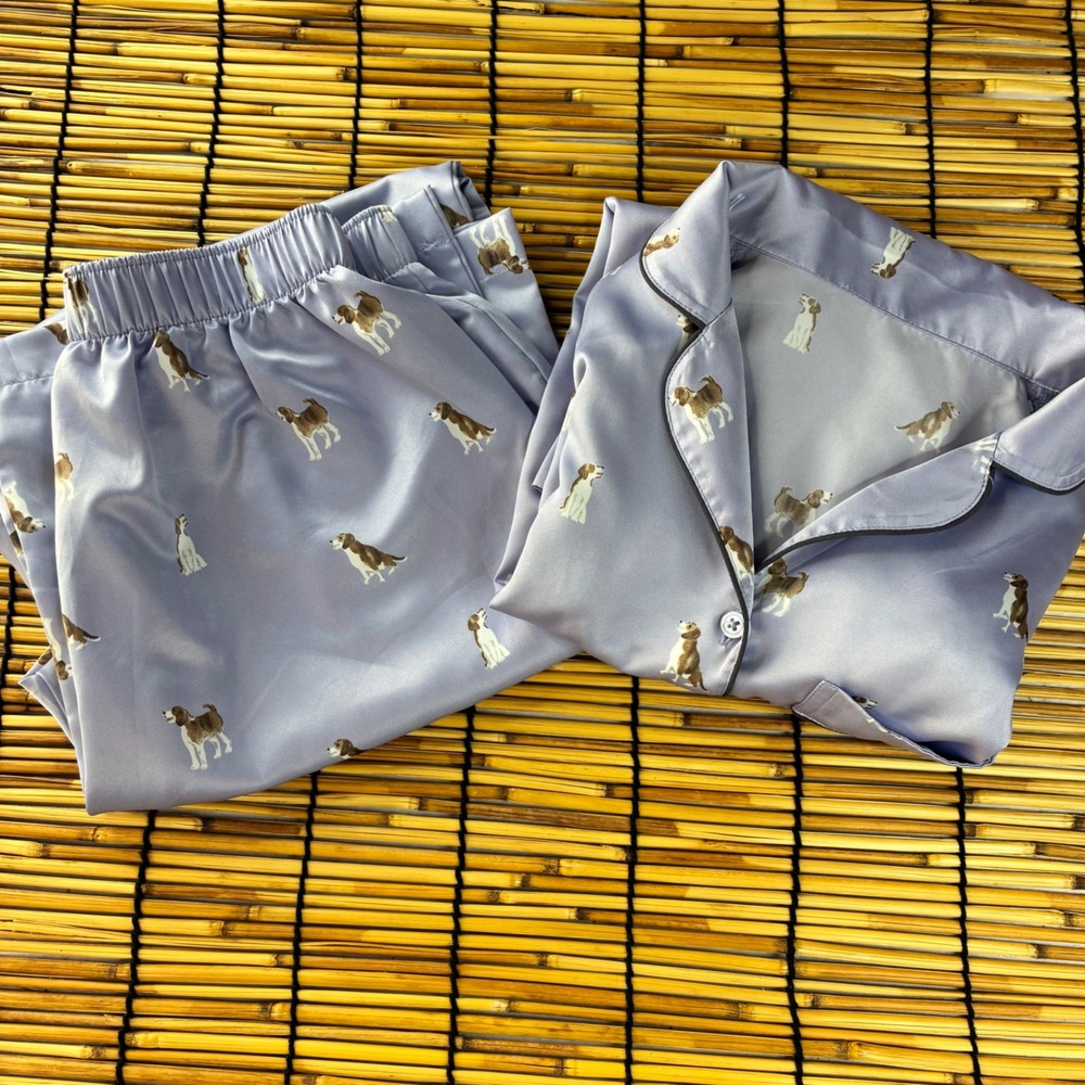 GU Beagle Dog Print Satin Pajama Set Purple Blue Button Front Small 272-345069